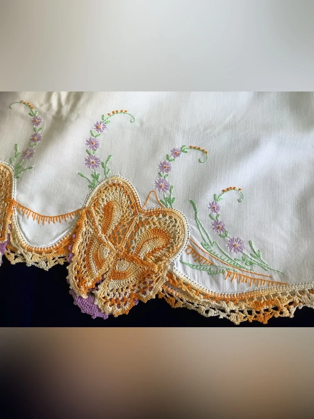 Set of Two - Embroidered White Pillowcase with Golden Crochet Trim
